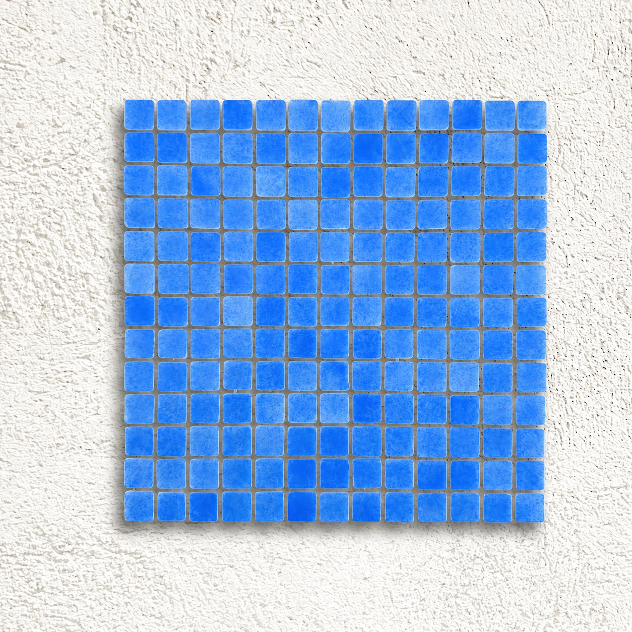 Niebla Foggy Mid Blue glass mosaic sheet with 25mm square tiles and cloudy blue markings on a white textured background.