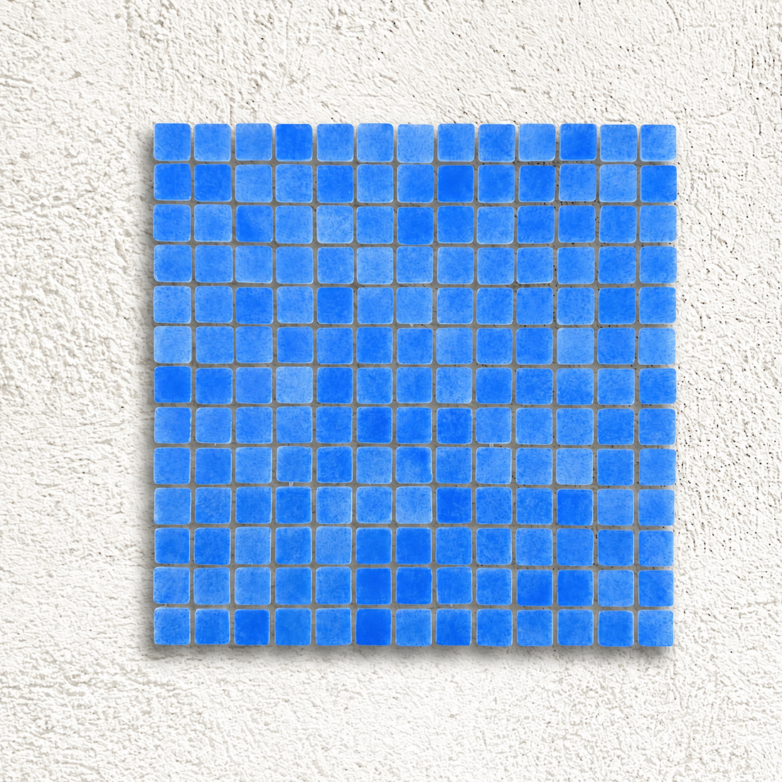 Niebla Foggy Mid Blue glass mosaic sheet with 25mm square tiles and cloudy blue markings on a white textured background.