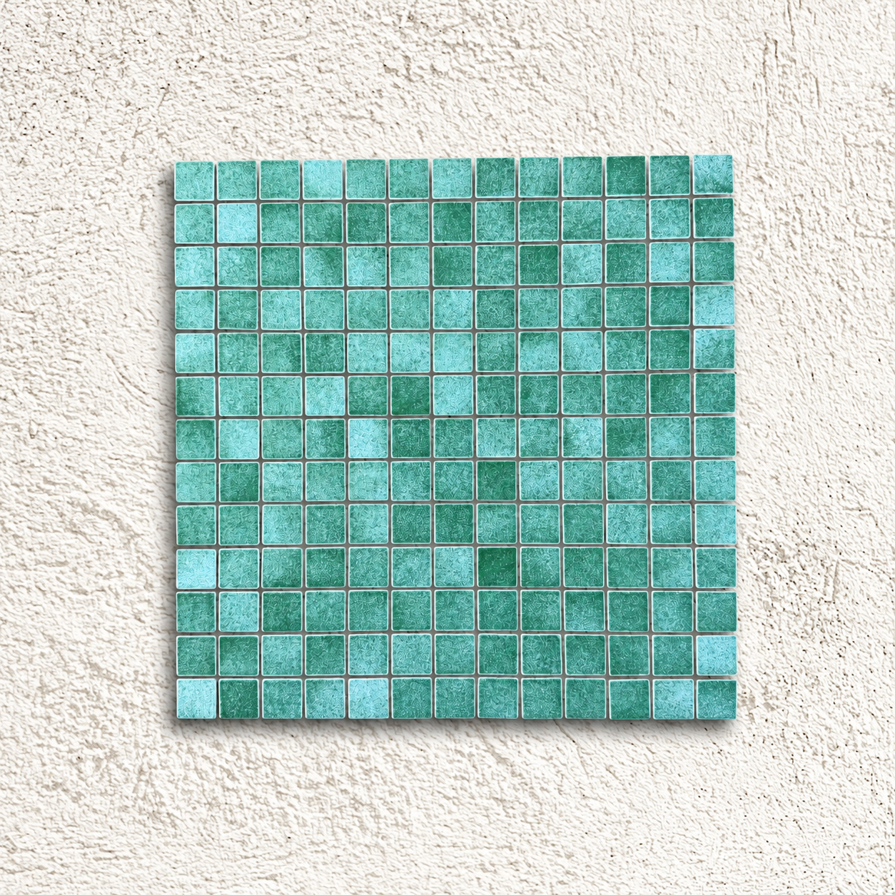 Niebla Giava green glass mosaic sheet with 25mm square tiles and cloudy detailing against a white textured background.