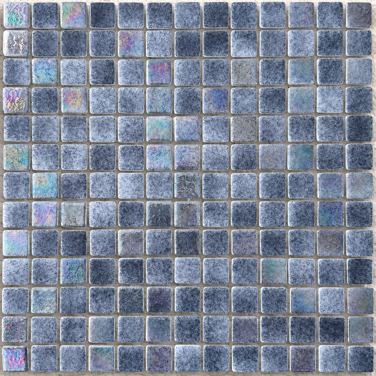 Niebla Mix-Iris Ter mosaic sheet showing 25mm mottled grey squares with purple and iridescent accents.