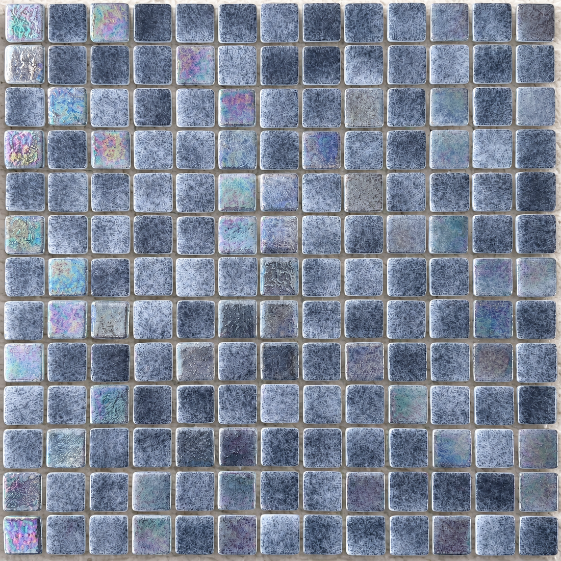 Niebla Mix-Iris Ter mosaic sheet showing 25mm mottled grey squares with purple and iridescent accents.