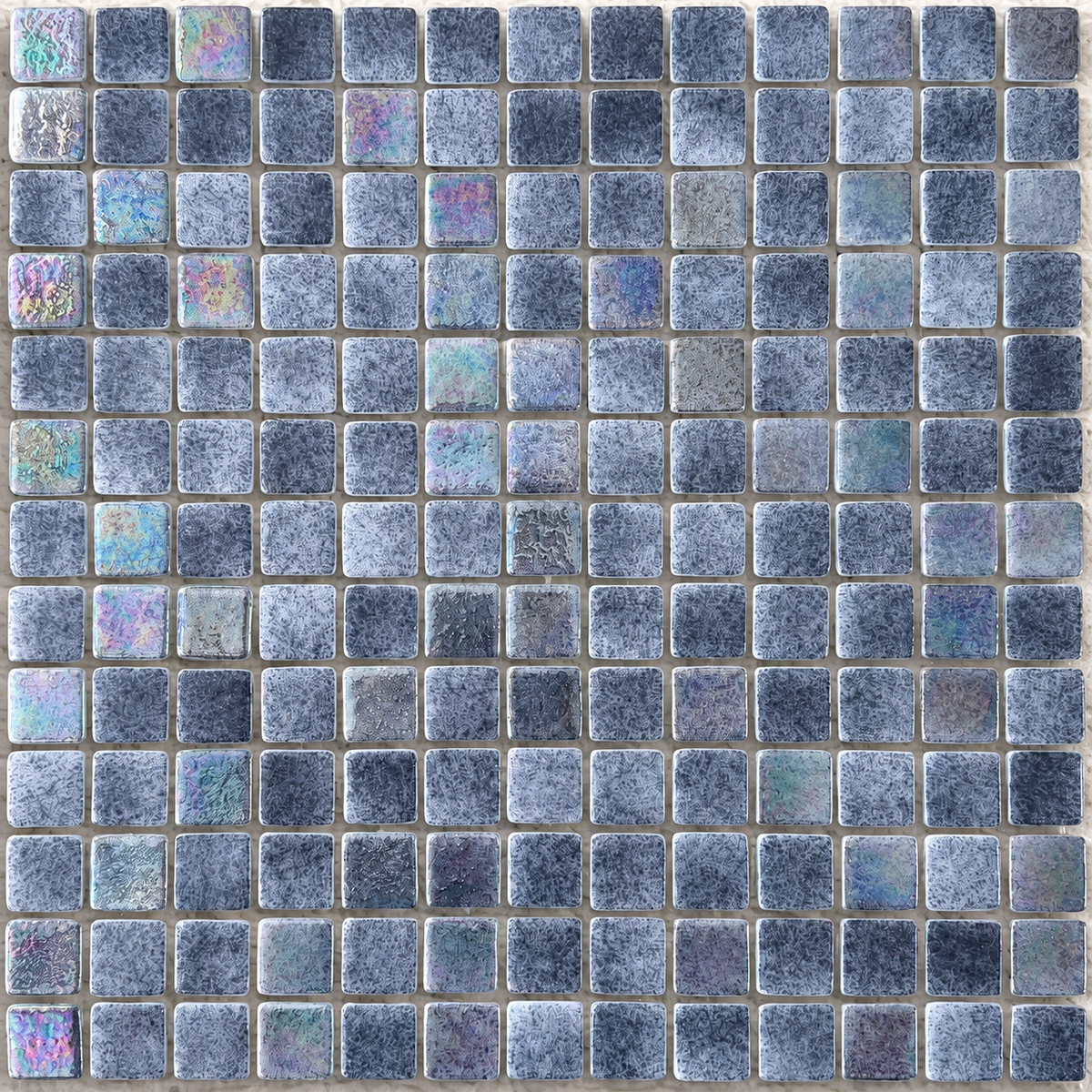 Niebla Mix-Iris Ter mosaic sheet showing 25mm mottled grey squares with purple and iridescent accents.