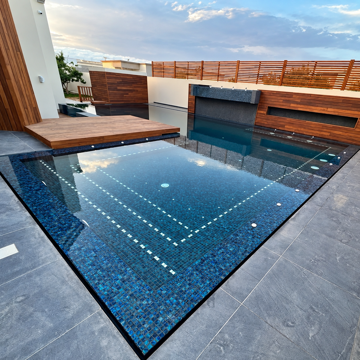 Outdoor swimming pool lined with Niebla Paradise Zafiro blue mosaics, surrounded by grey paving and timber screens.