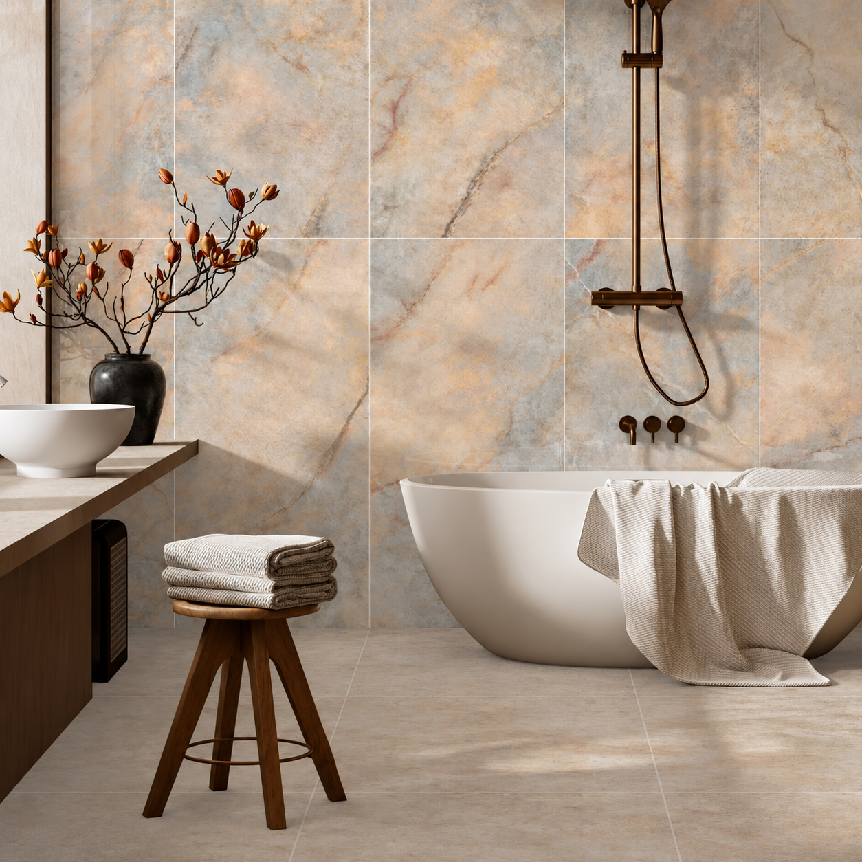 Pearl-grey and blush porcelain tiles behind a freestanding bath with bronze fittings and a wooden towel stool.