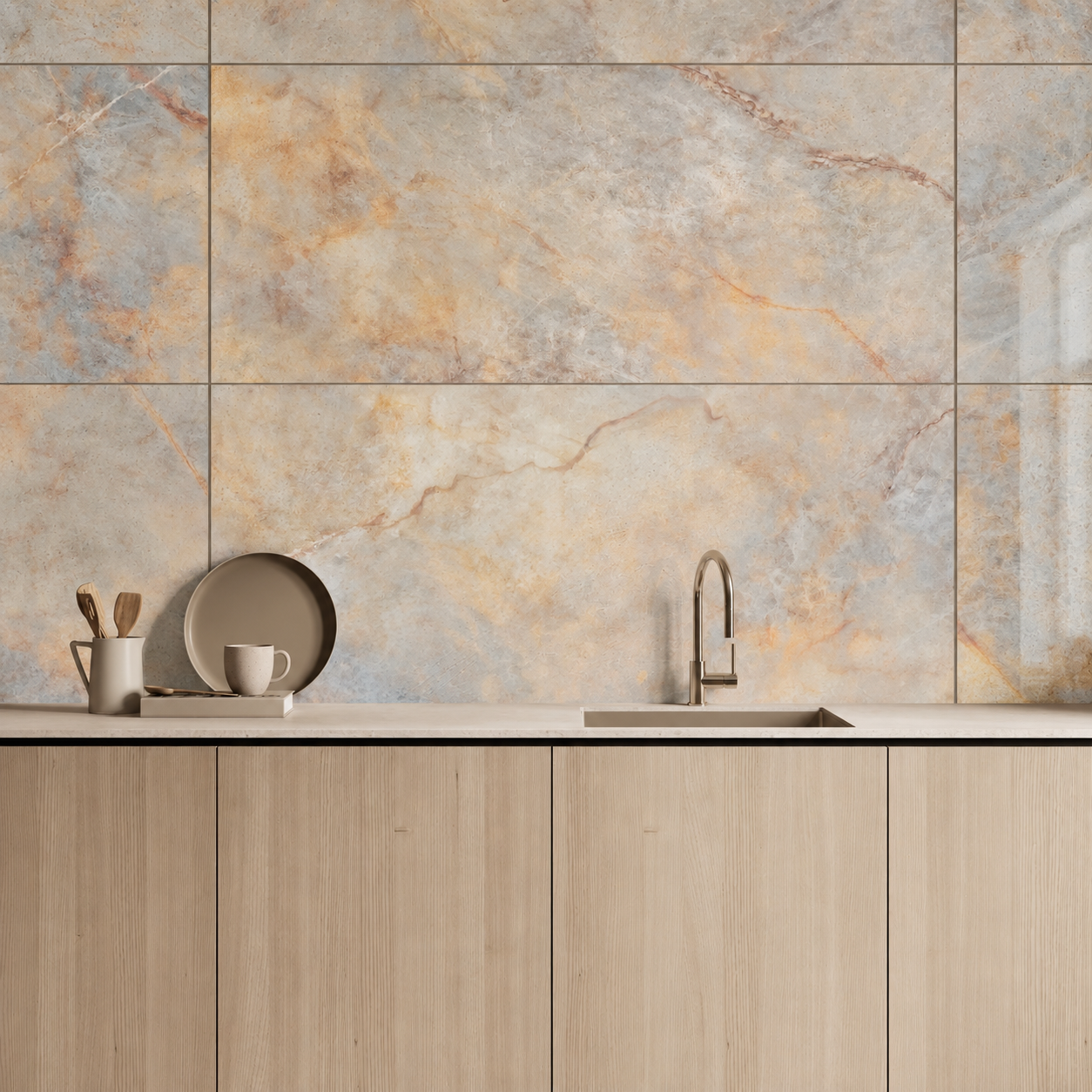 Large-format marble-effect kitchen splashback with soft gold veining above pale timber cabinets and a brass tap.