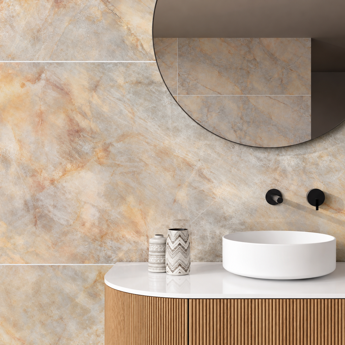 Opaline Pearl vanity splashback paired with a fluted timber cabinet, white countertop basin and round mirror.