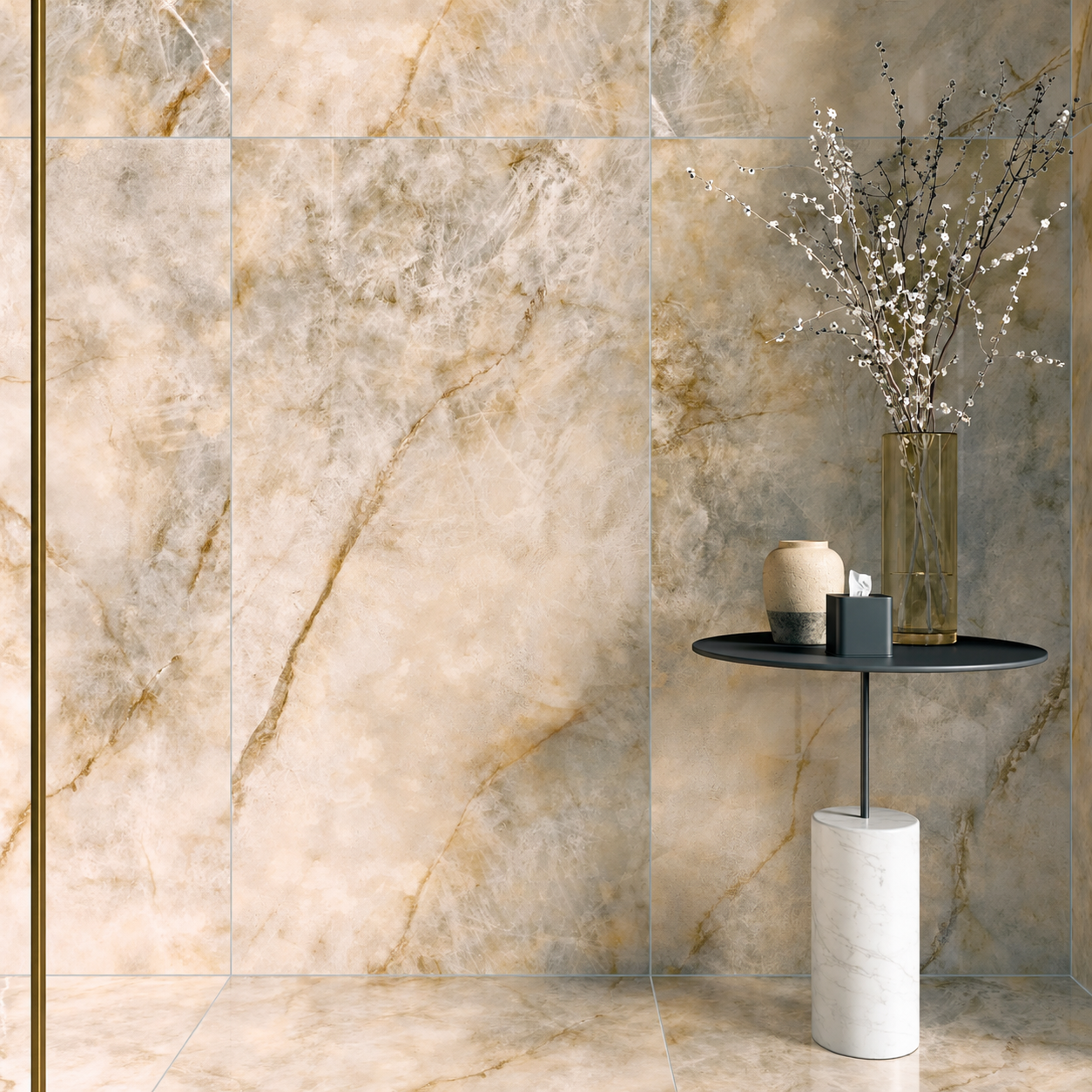 Opaline Pearl polished marble-effect walls and floor with gold veining, styled with a black pedestal table and flowering branches.