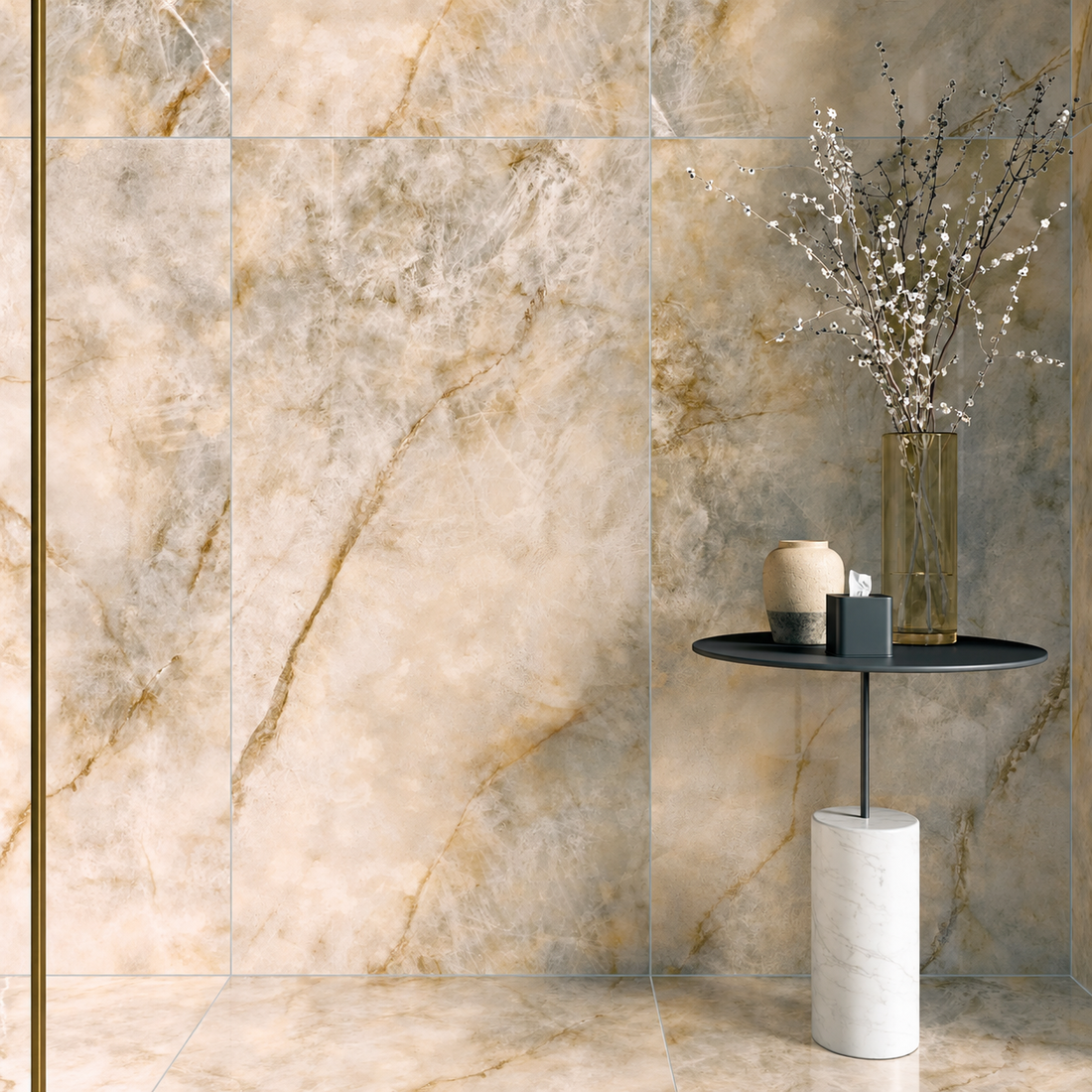 Opaline Pearl polished marble-effect walls and floor with gold veining, styled with a black pedestal table and flowering branches.