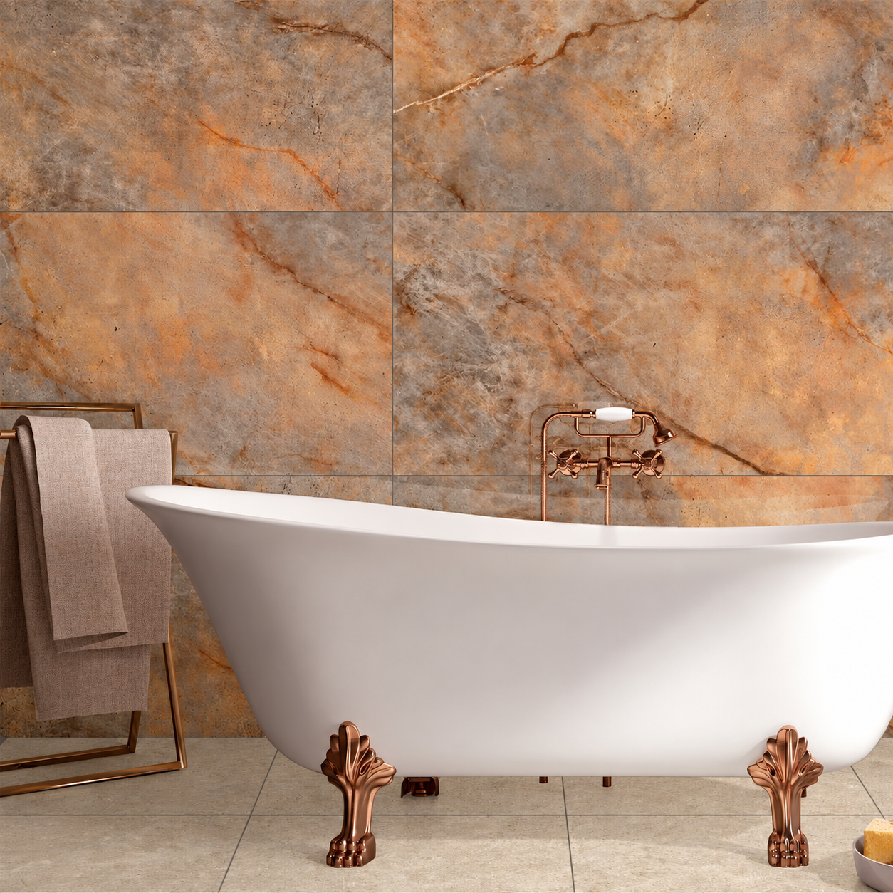 Opaline Shadow bathroom wall tiles behind a white freestanding bath with copper claw feet and matching fittings.