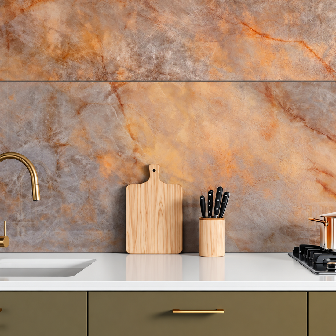 Opaline Shadow marble-effect kitchen splashback in grey and amber tones, paired with a brass tap and olive cabinetry.