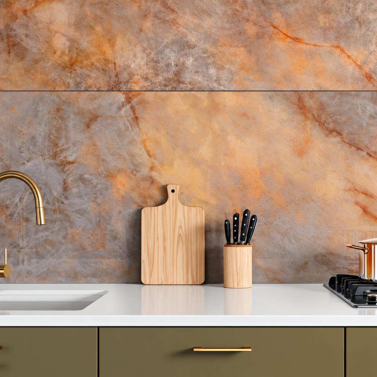Opaline Shadow marble-effect kitchen splashback in grey and amber tones, paired with a brass tap and olive cabinetry.