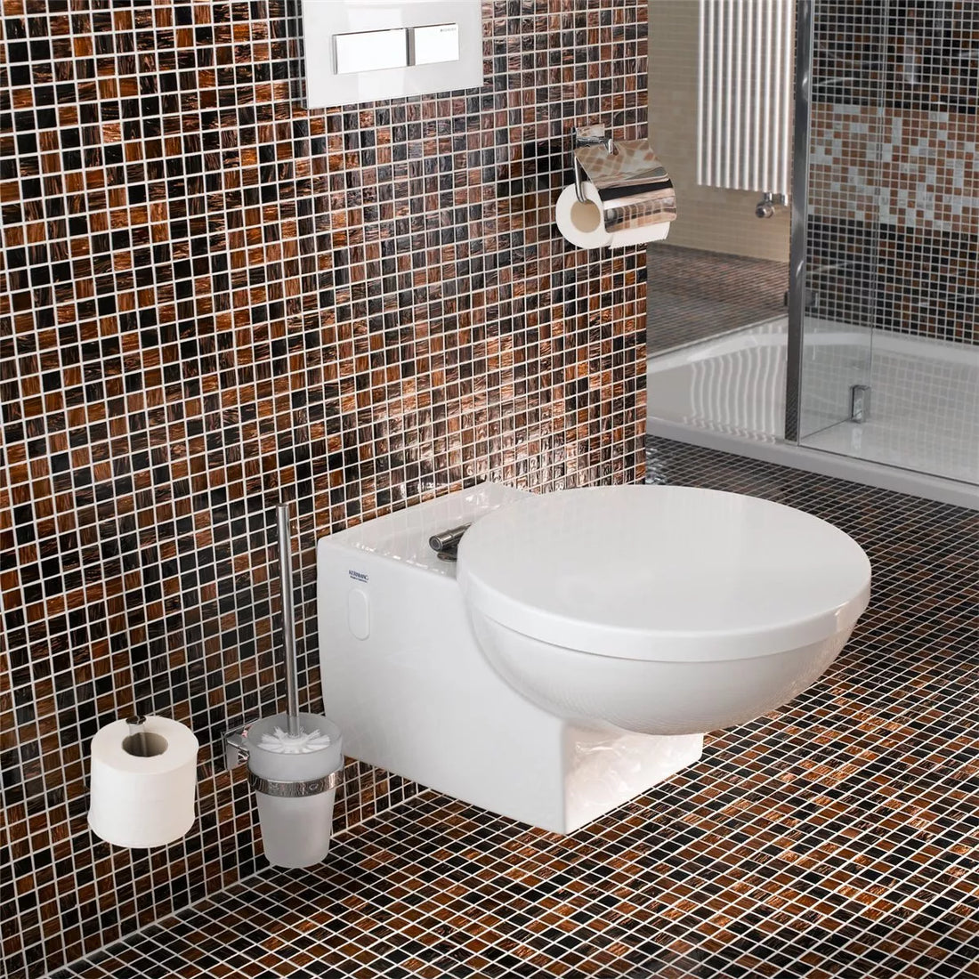 Bathroom Décor Featuring brown copper glass mosaic tile from luxury tiles uk