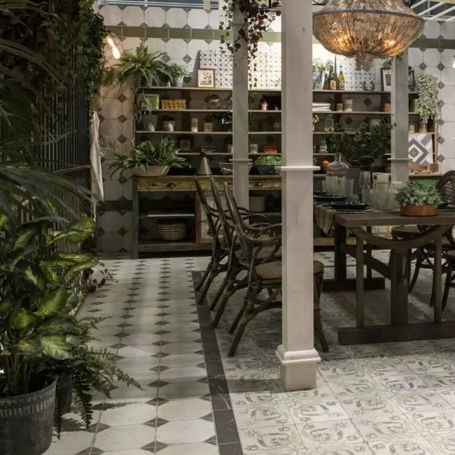 beige green pattern floor dining room 