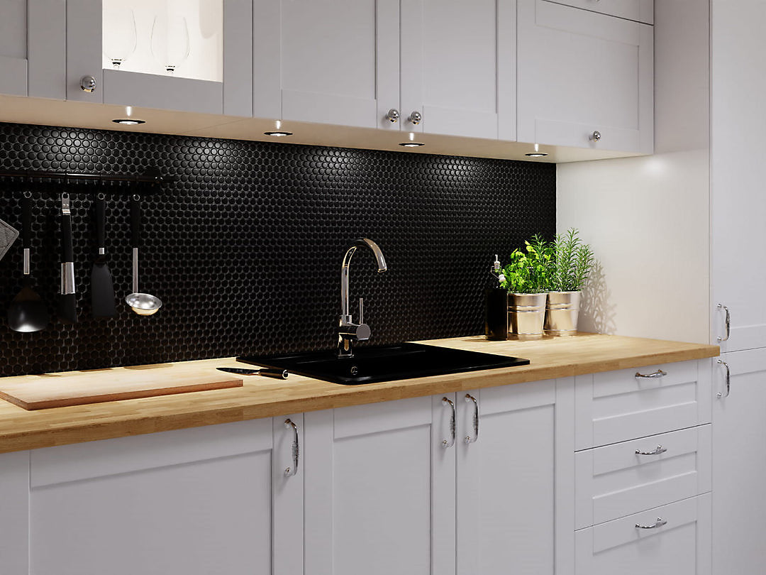 Black penny backsplash mosaic 