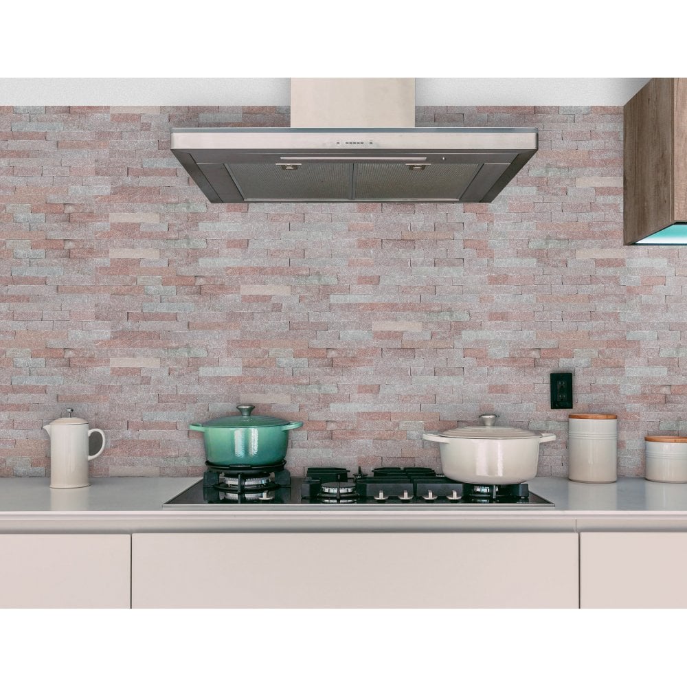 Pink natural stone kitchen splashback