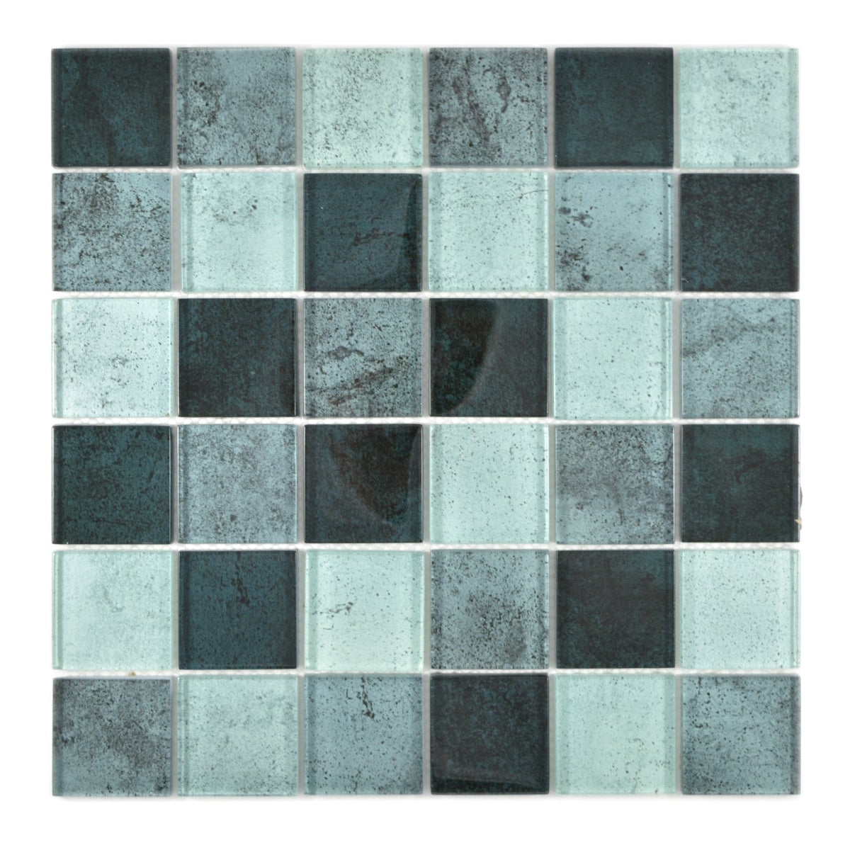Raindrop green glass mosaic sheet with 47mm square pieces in petrol, mint and grey-green tones.