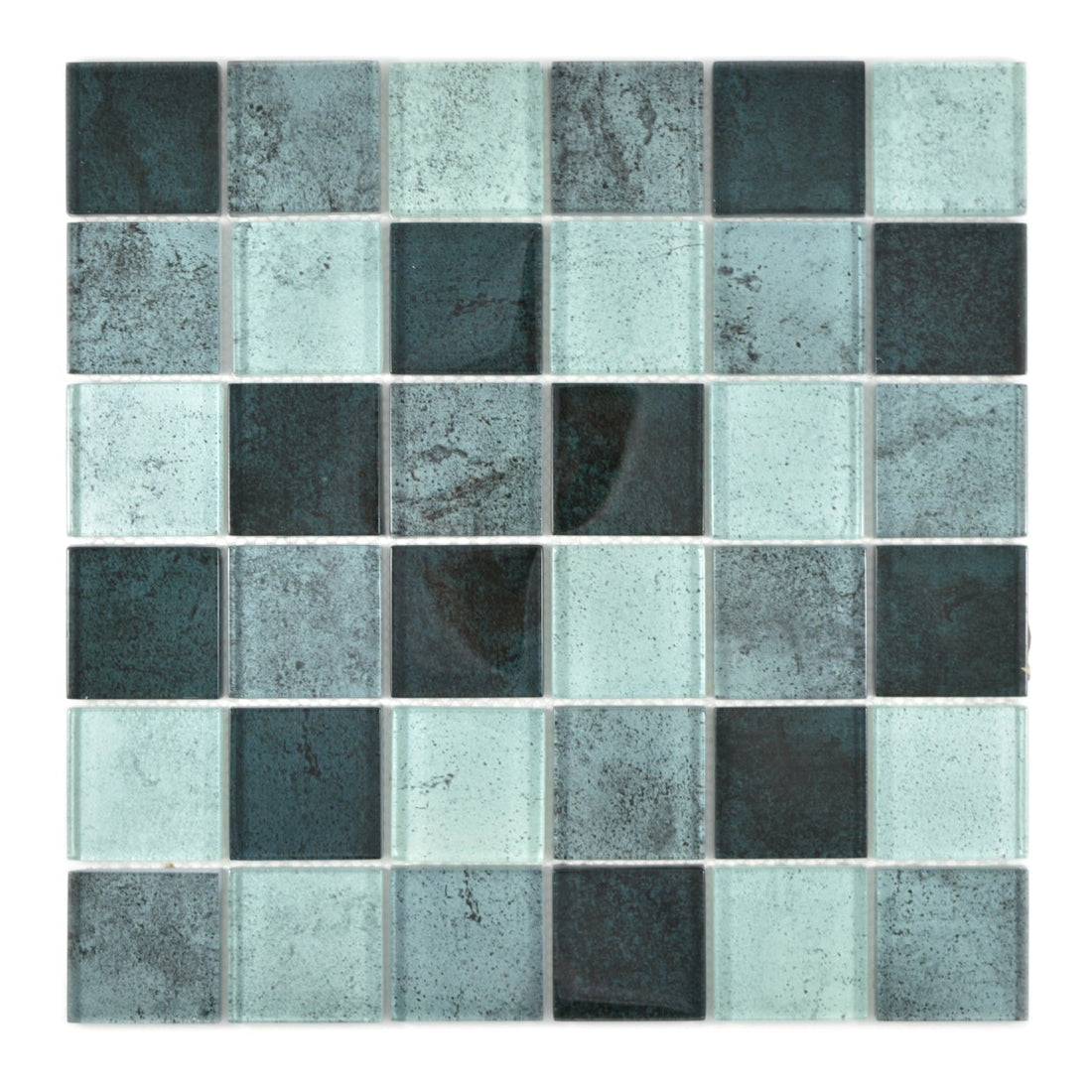 Raindrop green glass mosaic sheet with 47mm square pieces in petrol, mint and grey-green tones.