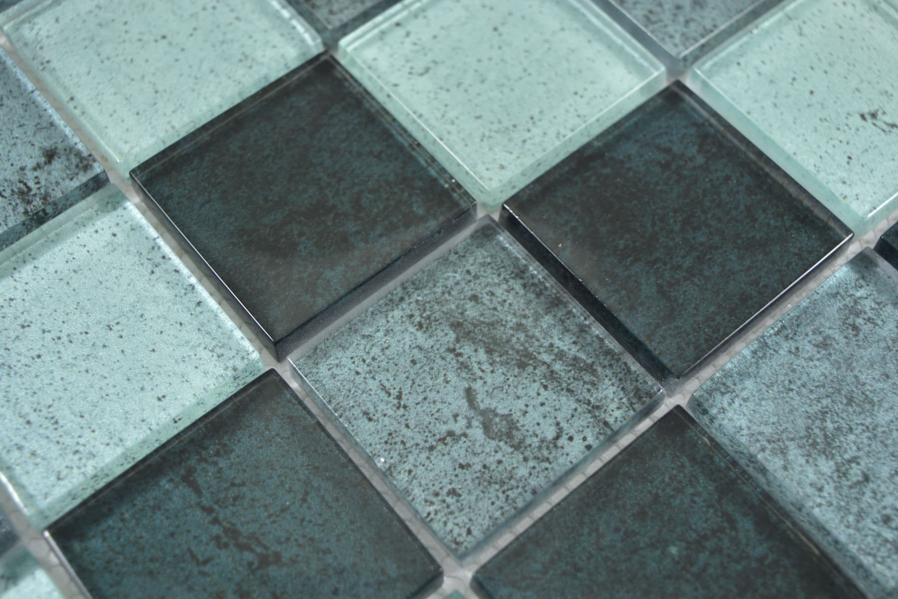 Front view of Raindrop Square Green Glass Mosaic on a mesh-backed 298 x 298mm sheet.