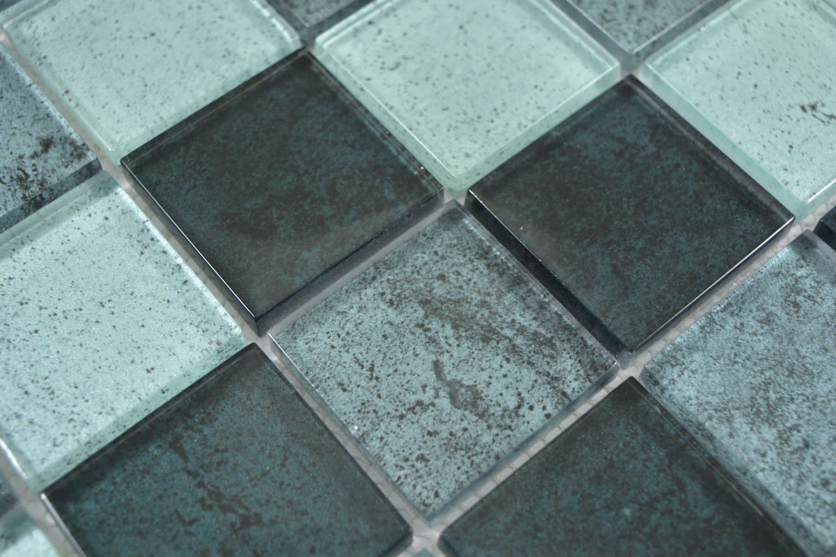 Front view of Raindrop Square Green Glass Mosaic on a mesh-backed 298 x 298mm sheet.