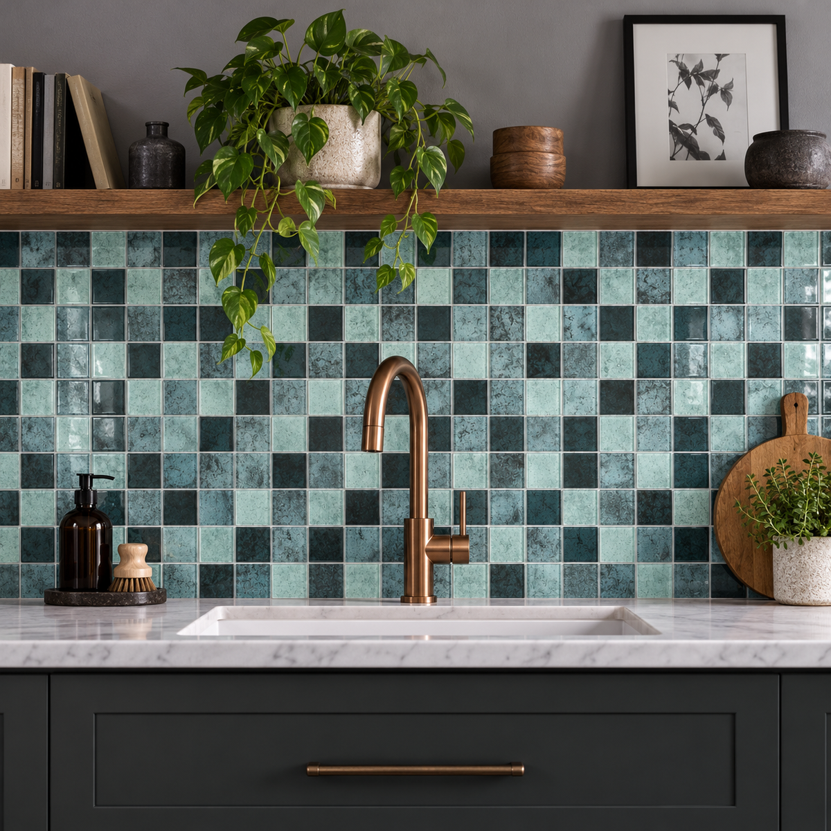 Raindrop Square Green Glass Mosaic kitchen splashback with petrol and mint tiles, light grey grout, copper tap and marble worktop.