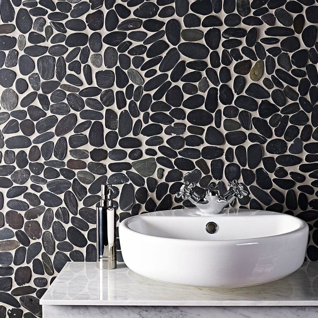 black pebble mosaic tiles