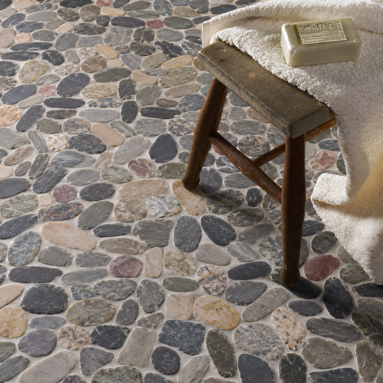 natural multicolour pebble mosaic flooring 