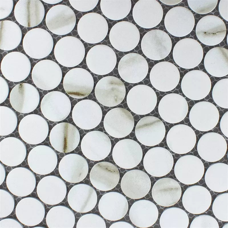 White and beige penny mosaic tiles 