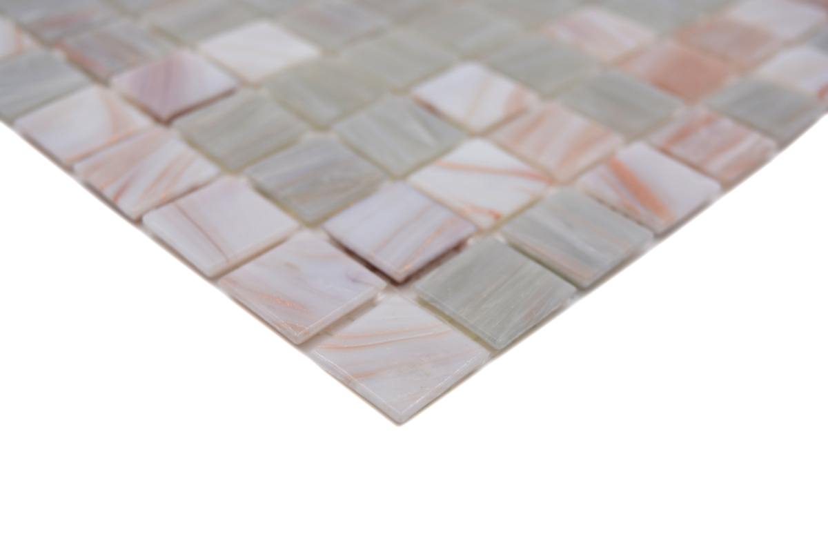 Macro view of Rose Silver 20mm glass mosaic tile with shimmering pearl, silver and blush metallic square pieces