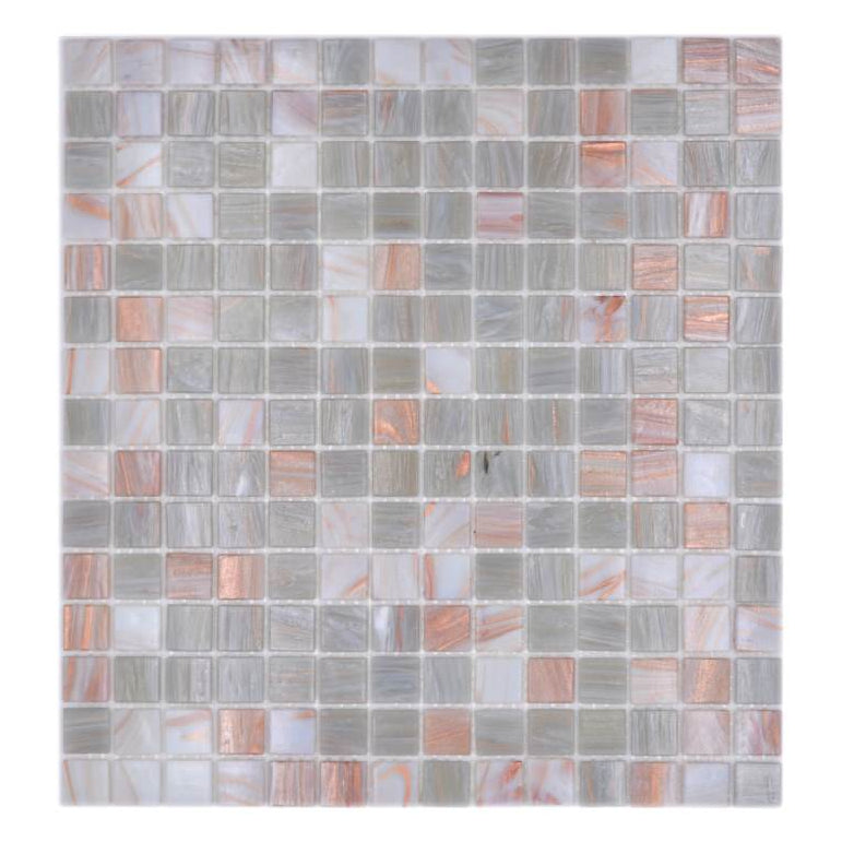 Rose Silver 20mm glass swimming pool mosaic tile sheet with pearl white, soft grey and rose-gold gloss square chips