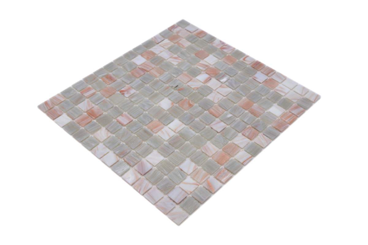 Angled view of Rose Silver 20mm glass mosaic tile sheet showing glossy silver, blush pink and pearl tones.