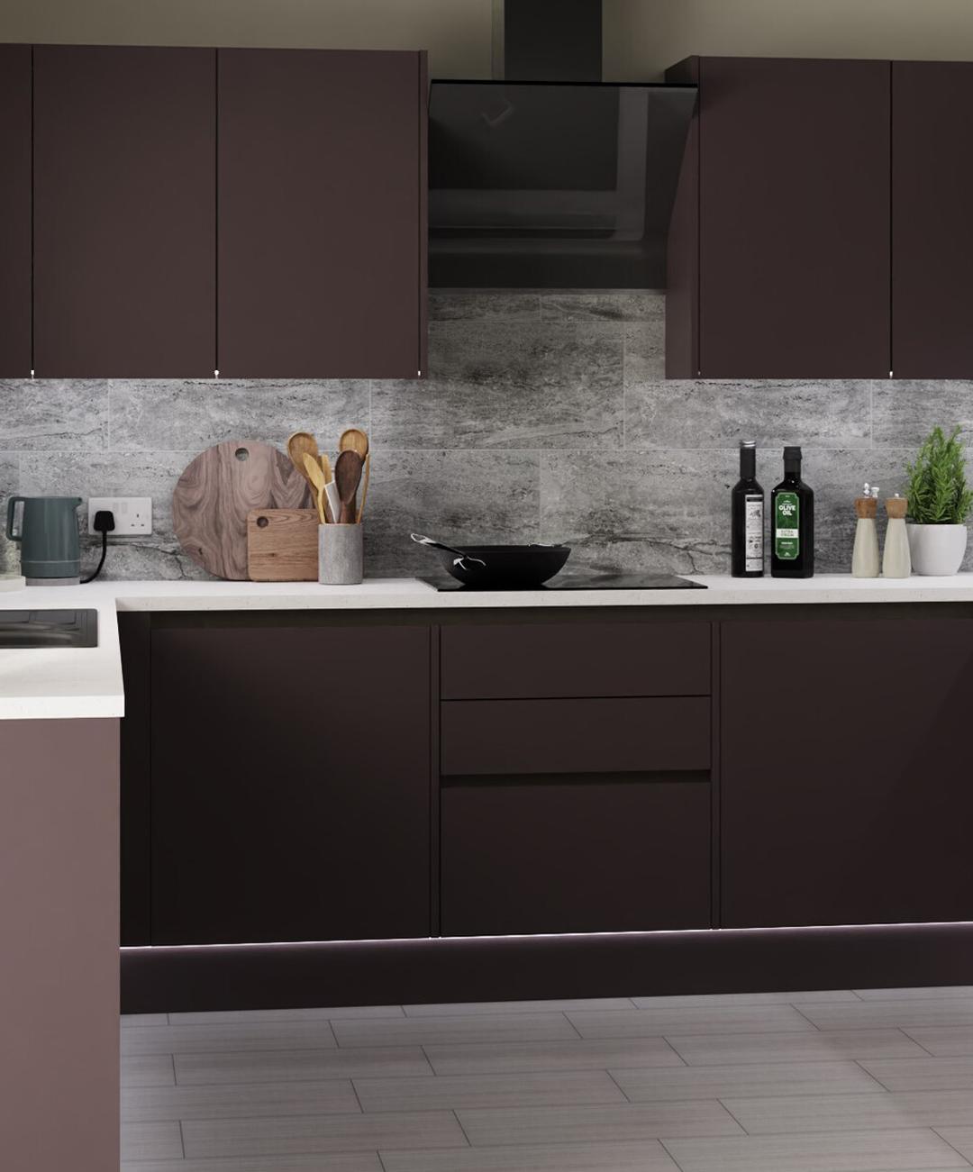 Modern kitchen with dark brown cabinets and a gray backsplash.