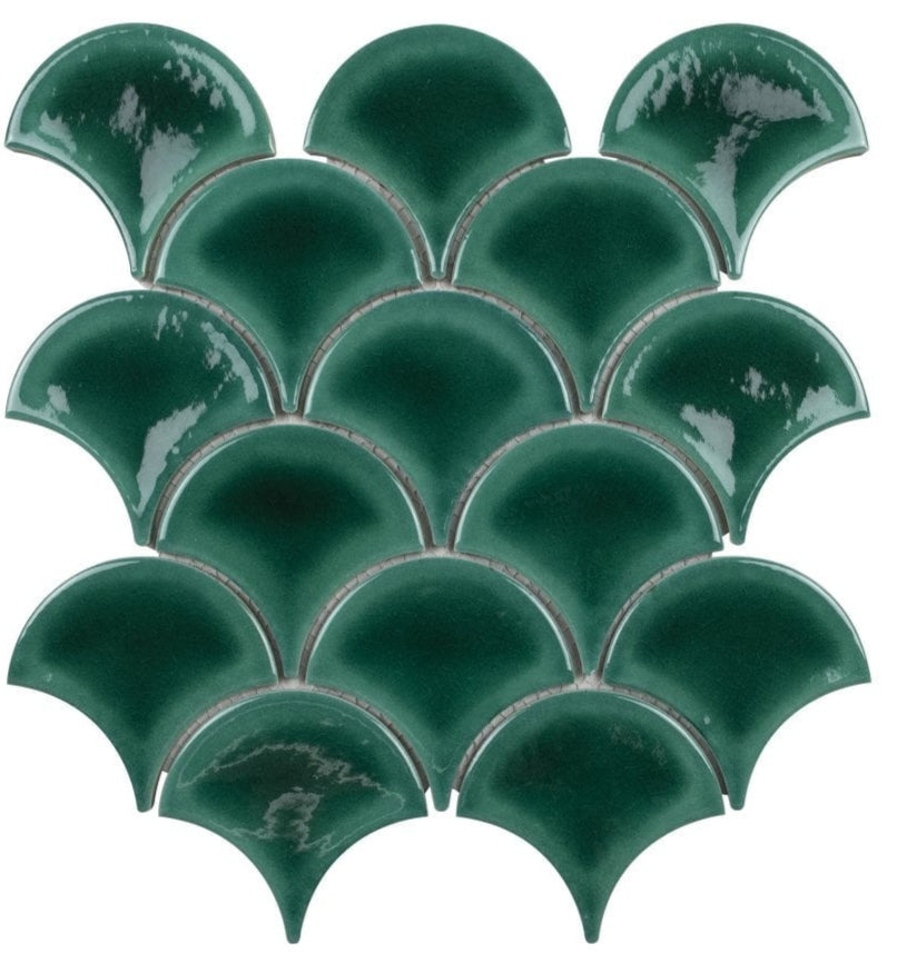 Scallop Green Gloss Mosaic Porcelain Tile - Luxury Tiles UK