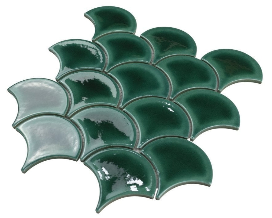 Scallop Green Gloss Mosaic Porcelain Tile - Luxury Tiles UK