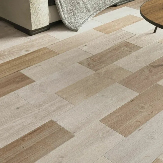Brown light and dark wood effect floor tiles 