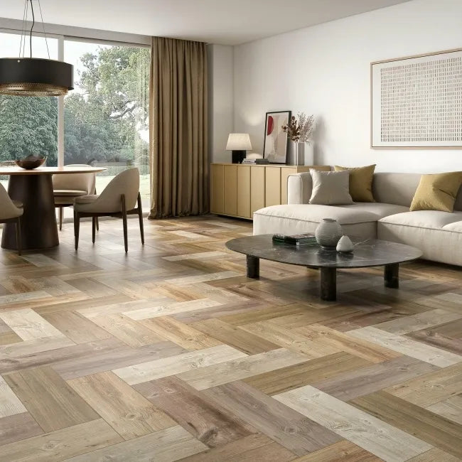 wood effect in herringbone layout living room floor 