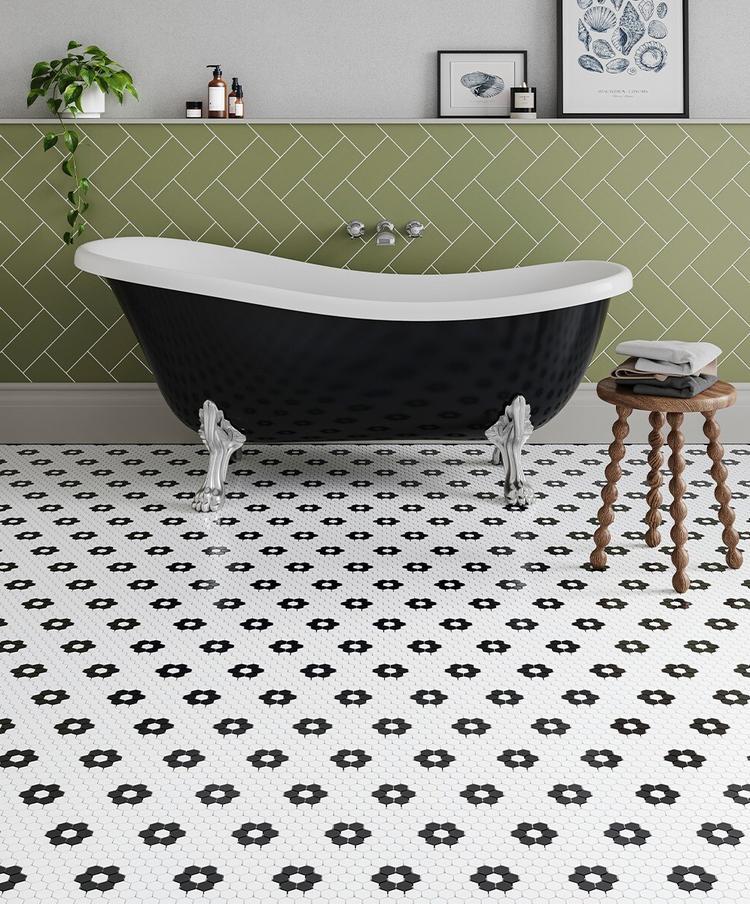 white black patterned mosaic bathroom 