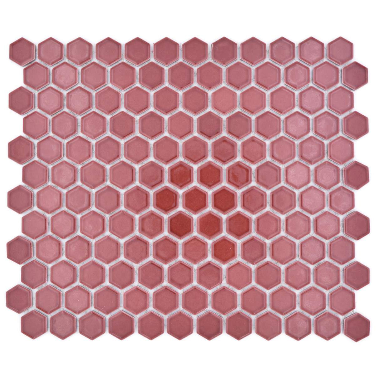 Front view of Shapes burgundy red hexagon mosaic sheet showing the honeycomb layout and tonal variation.