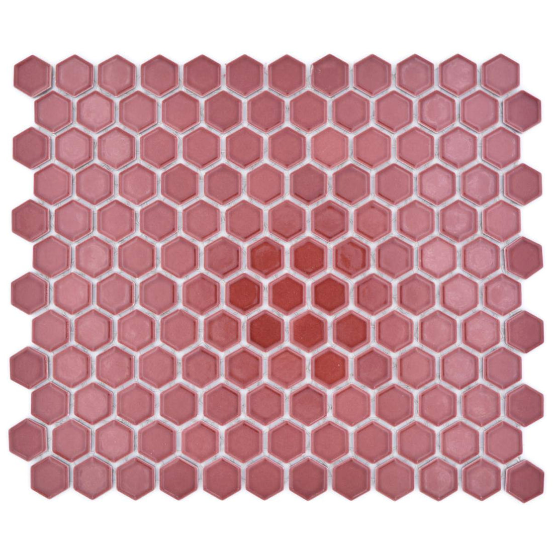 Front view of Shapes burgundy red hexagon mosaic sheet showing the honeycomb layout and tonal variation.