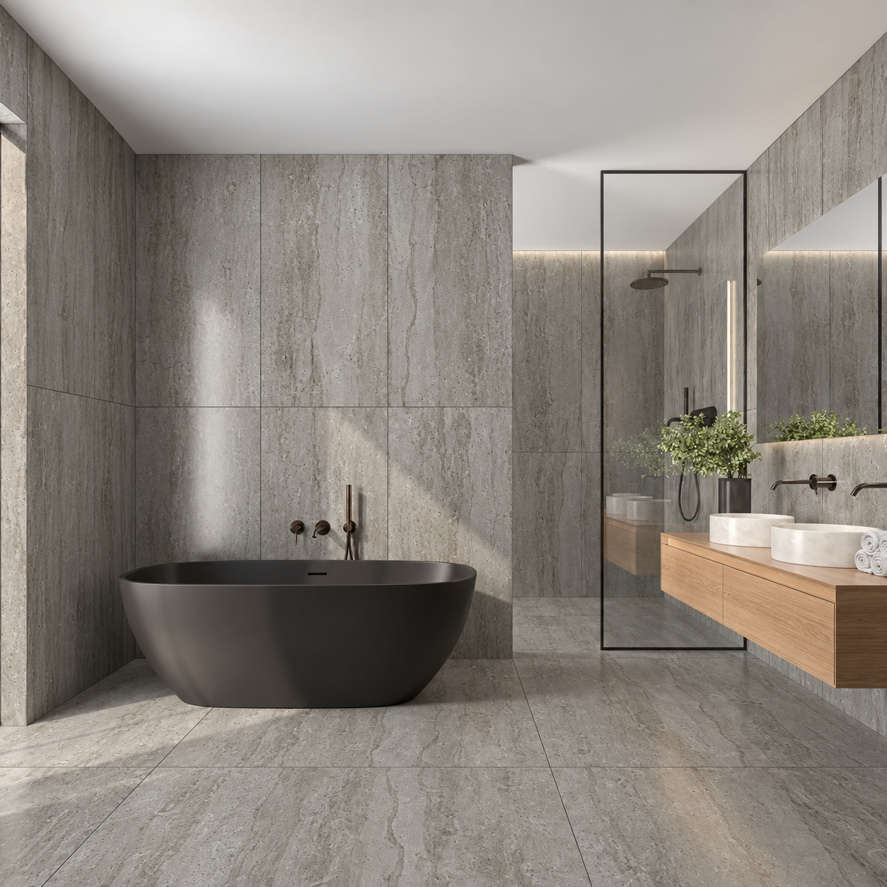 Modern bathroom with Siena Grey travertine effect porcelain tiles on the walls and floor, a black freestanding bath, oak vanity and glass shower enclosure.
