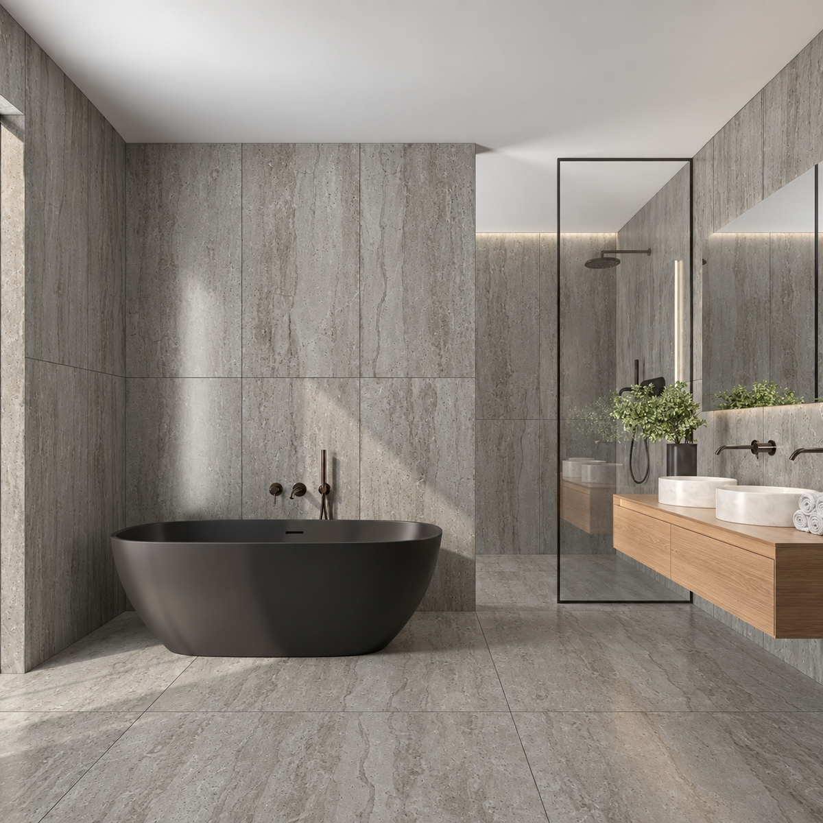 Modern bathroom with Siena Grey travertine effect porcelain tiles on the walls and floor, a black freestanding bath, oak vanity and glass shower enclosure.