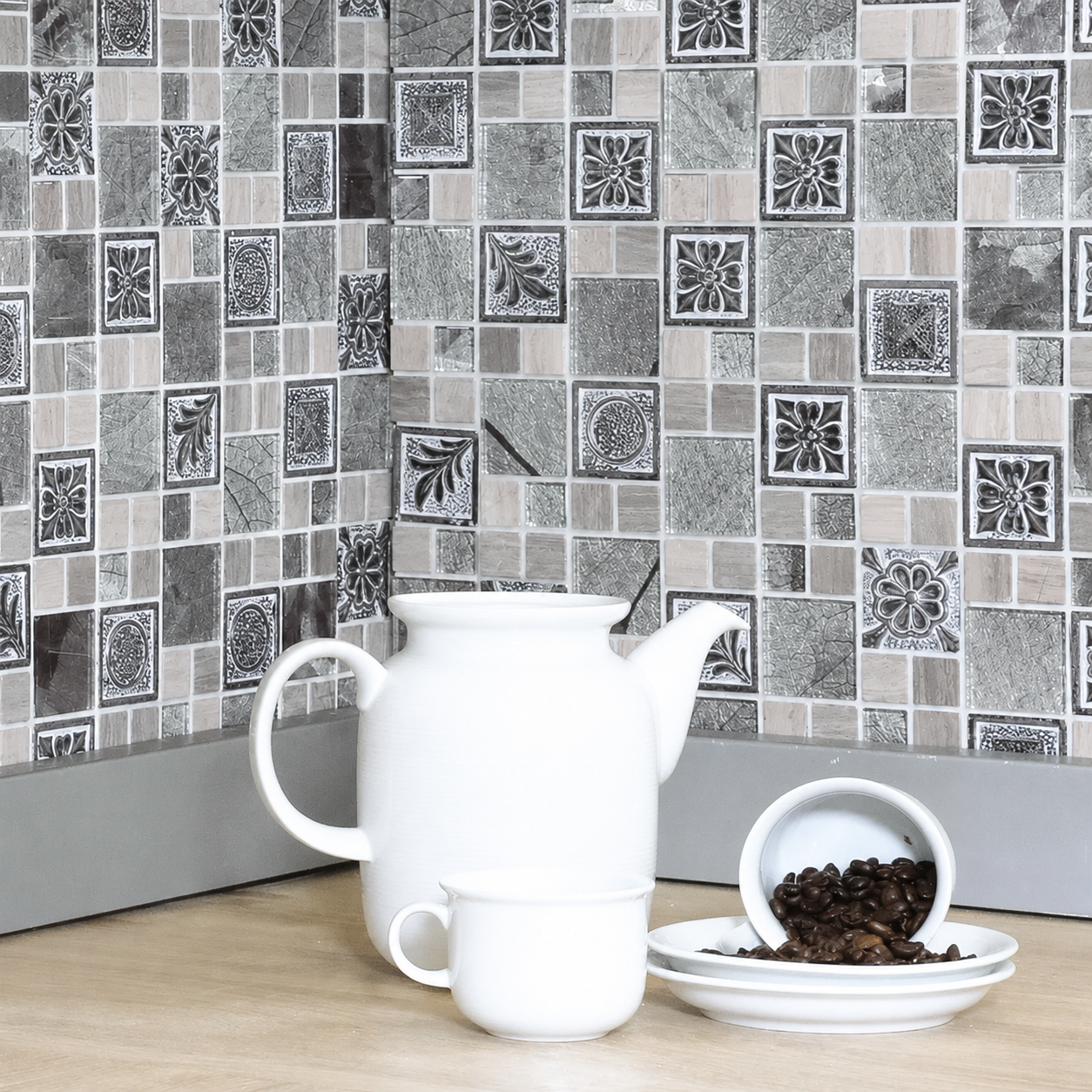 Silver Grey Maple Mix Mosaic Tile installed as a kitchen splashback