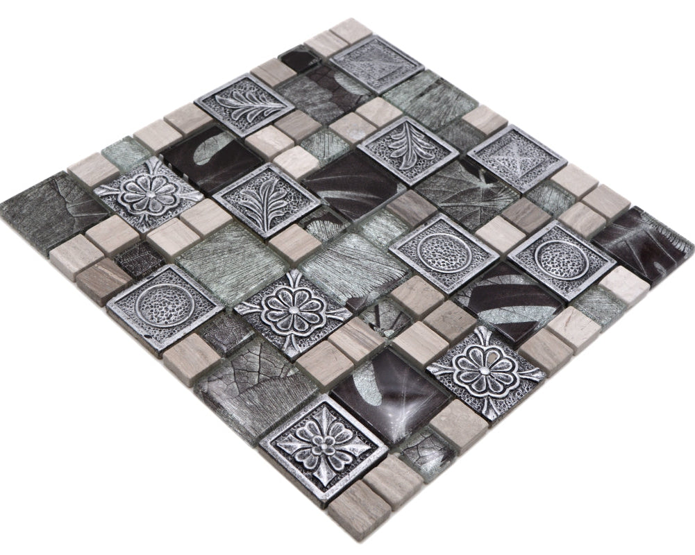 Angled sheet view of Silver Grey Maple Mix Mosaic Tile with mixed 23mm and 48mm square pieces