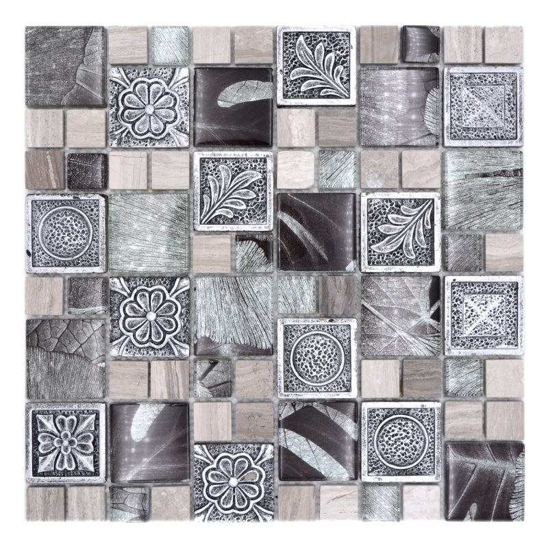 Front view of Silver Grey Maple Mix Mosaic Tile 30x30cm sheet with silver, taupe and smoked grey ornament design