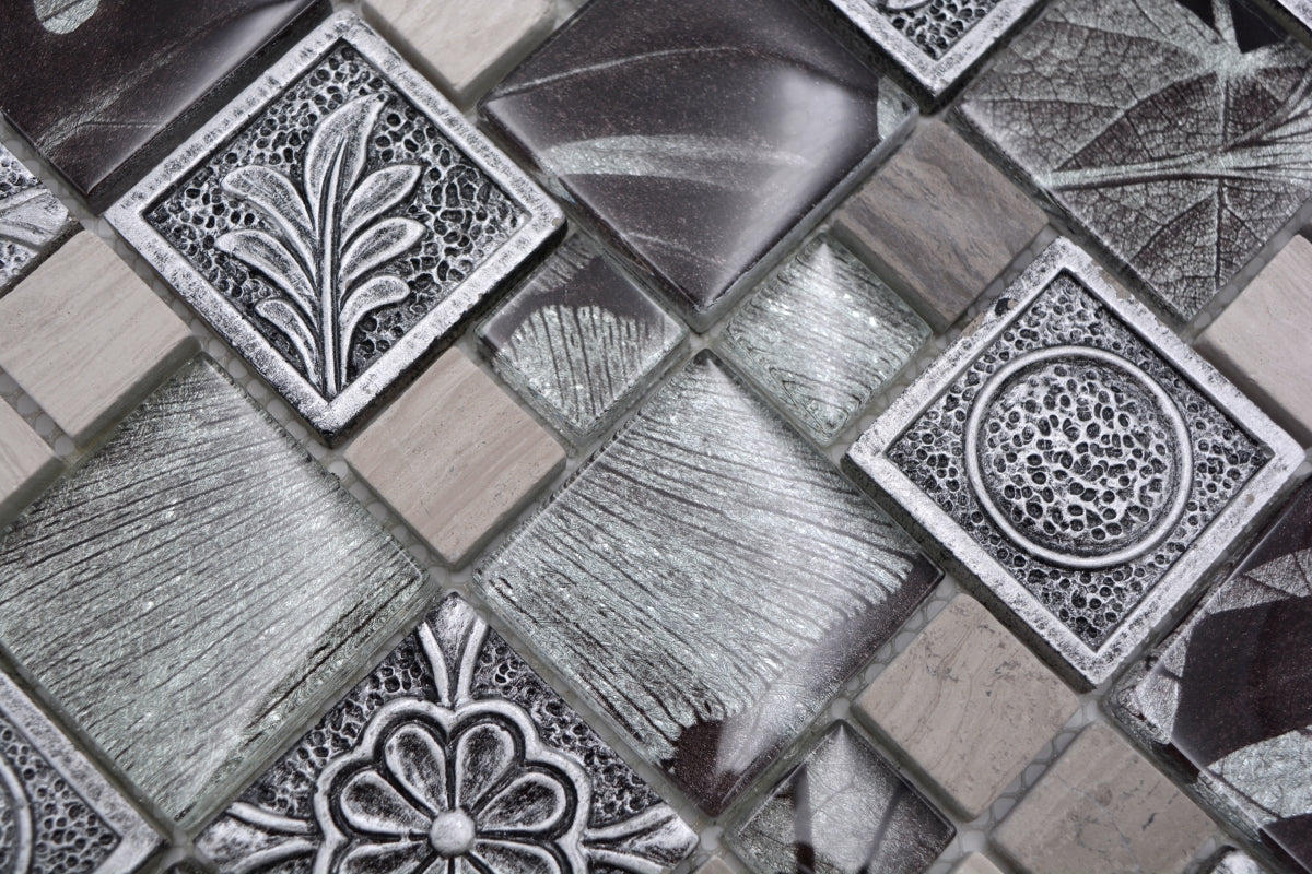 Close-up of Silver Grey Maple Mix Mosaic Tile showing metallic silver glass, dark translucent resin and decorative framed motifs