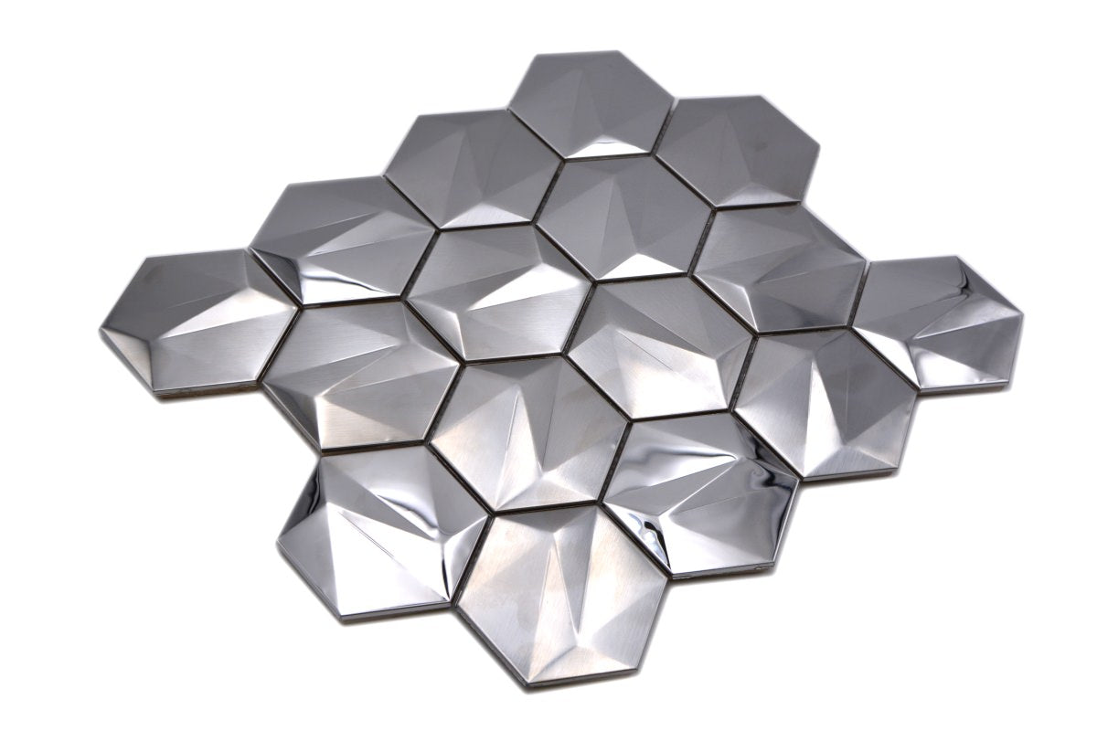 Silver hexagon metal 3D mosaic wall tiles by luxury tiles uk