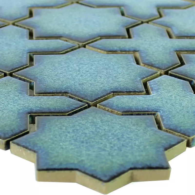 Gloss ceramic aqua blue star mosaic tile sheet on mesh backing