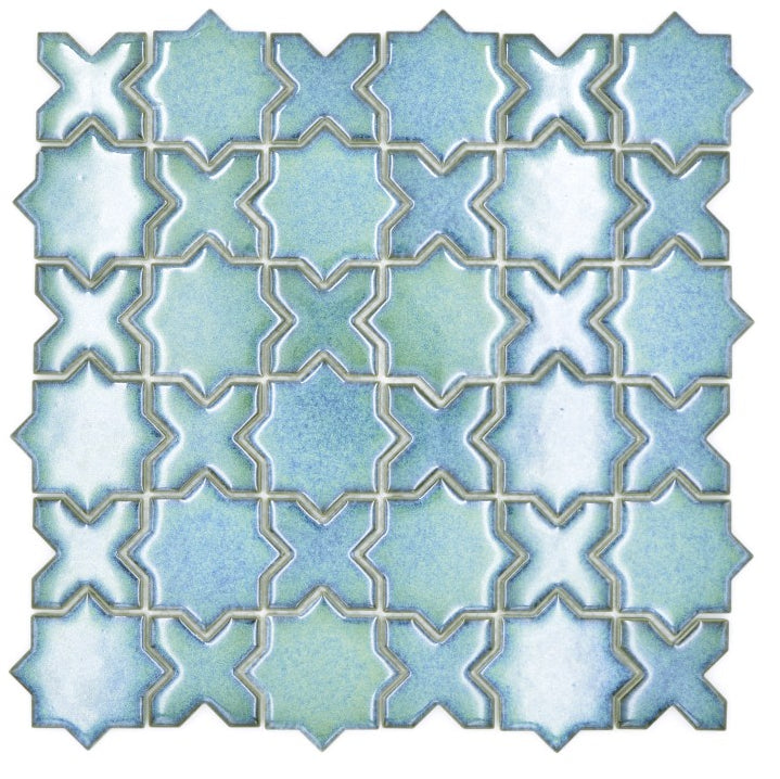 Sky Aqua Moroccan Star Mosaic Tiles close up pattern detail