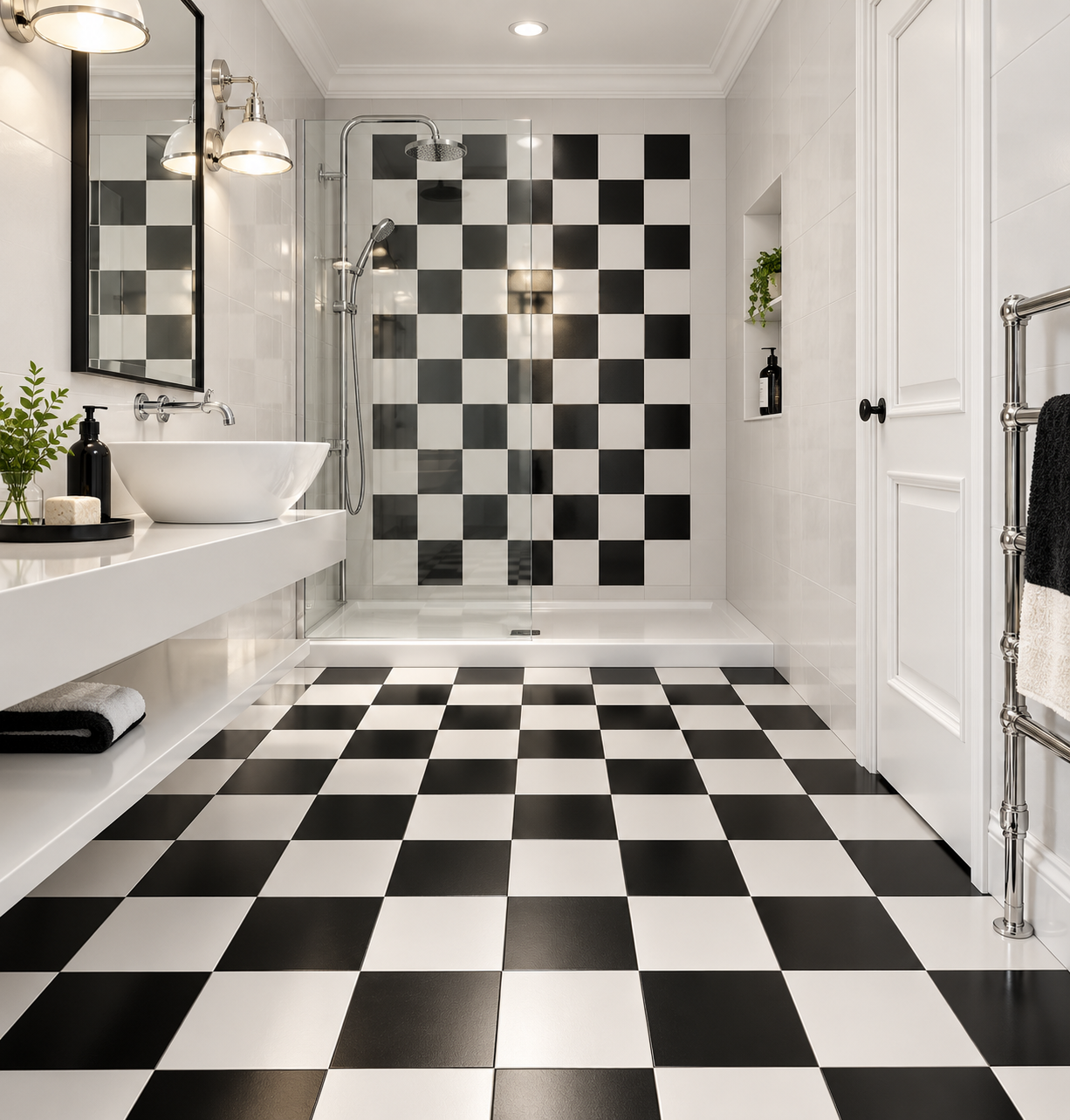 A modern bathroom with a bold black and white checkerboard tile floor and matching wall paneling, featuring a white vessel sink, floating vanity, glass shower enclosure, and white paneled doors.