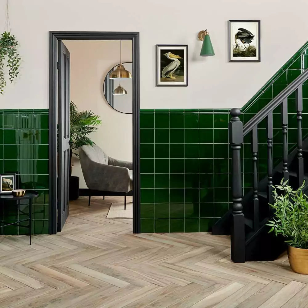 Living room - Square Royal Green Gloss Flat Wall Tiles