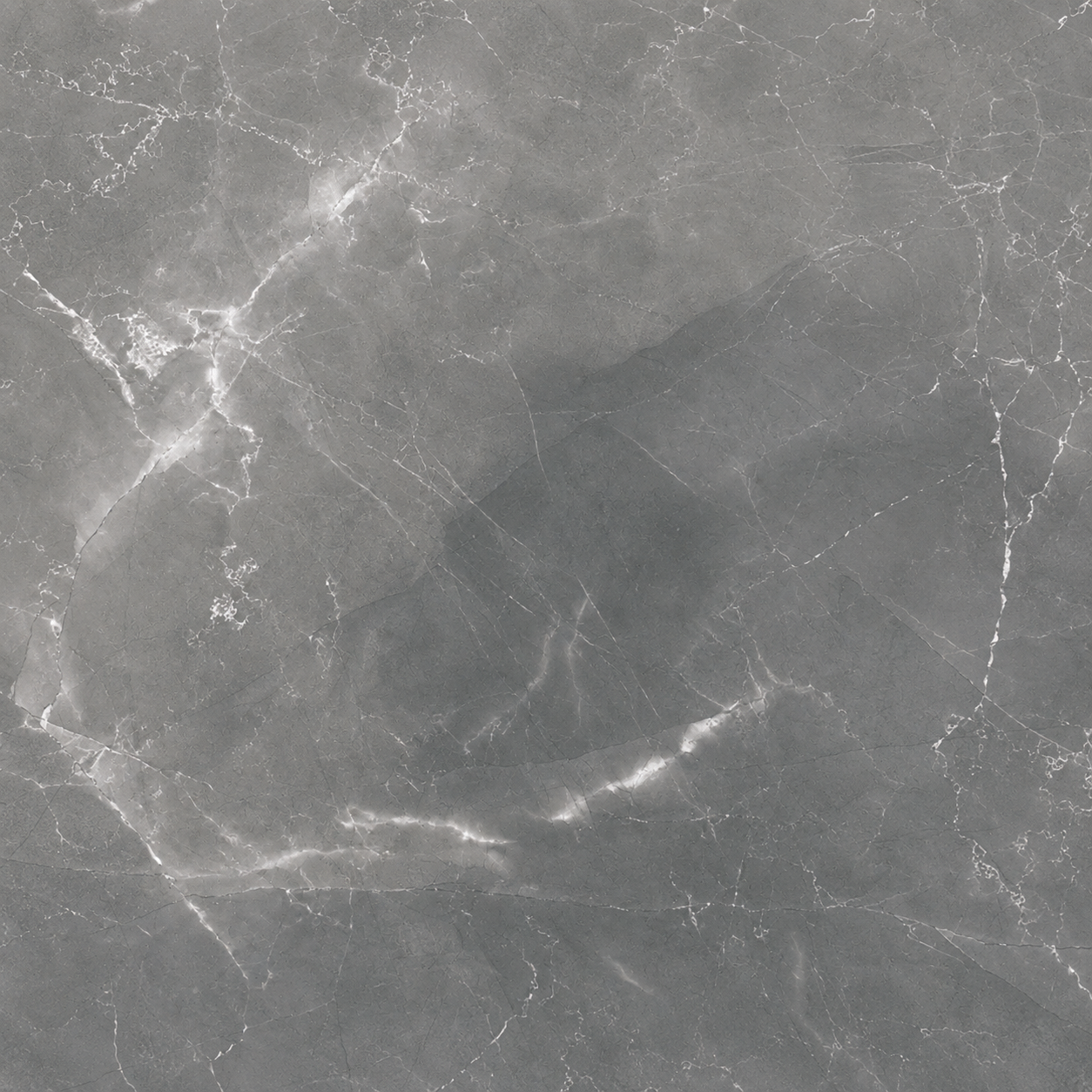 Storm Grey Gloss Marble Effect 600x600mm floor tile with soft white veining and cloudy grey tonal variation.